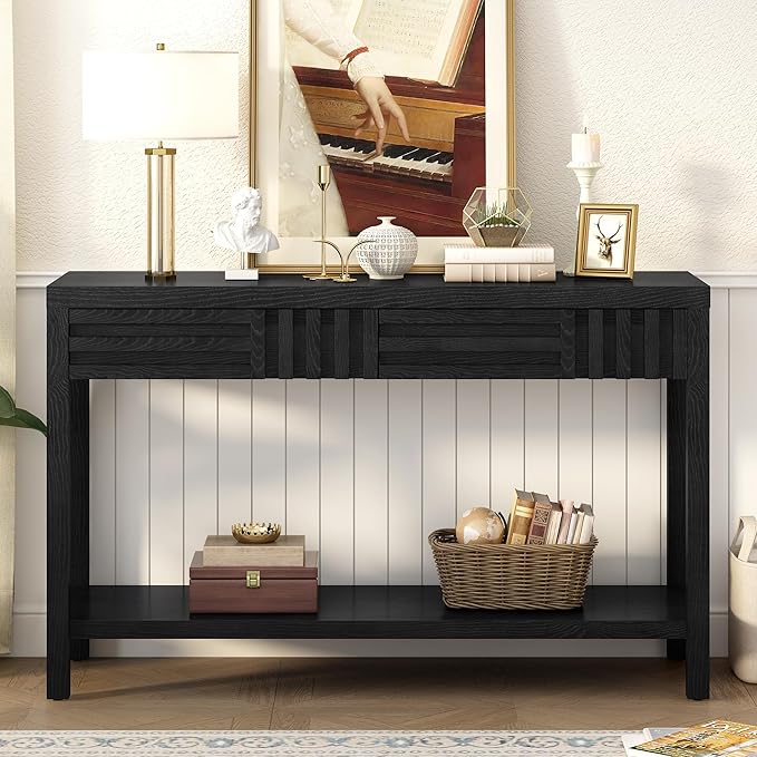 Modern Console Table with 2 Top Drawers and Bottom Shelf, Wooden 51'' Long Entryway Table Accent Sofa Table for Hallway Living Room Corridor Foyer (Black-AVR)