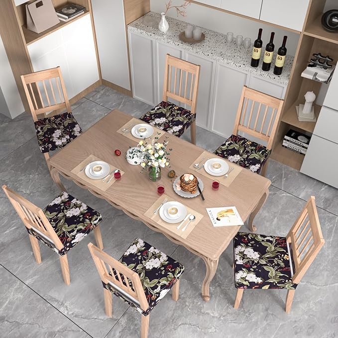 Stretch Dining Chair Seat Covers Set of 6,Dining Chair Slipcovers, Floral Printed Chair Covers,Soft Fabric Washable Upholstered Chair Seat Protector, No Rear Covers for Home Kitchen Dining Room