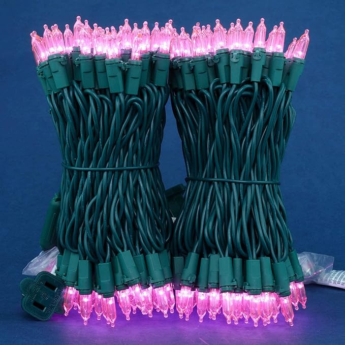 Pink LED Christmas Lights 200 Count, Pack of 2 Sets 25 ft 100 LED Green Wire Mini String Lights Set (Pink)