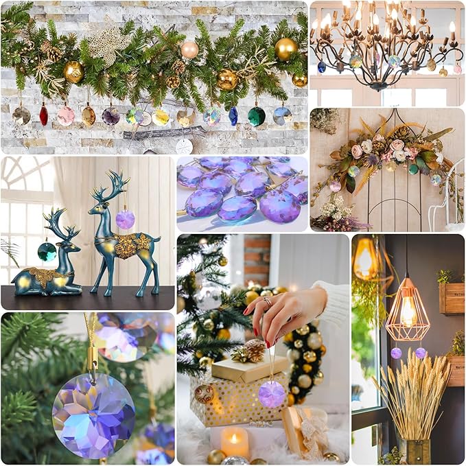 12 Pcs Crystal Glass Christmas Balls Ornaments, 1.18″ Mini Round Prism Flower Xmas Tree Decorations, Hanging Ornament for Wedding Party Home Decor (Purple)