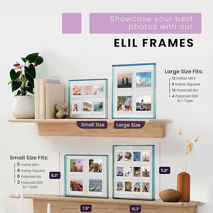 Elil Blue Polaroid Frame for Instant Film Fujifilm Instax Film 8.3" x 7.6" Collage Frame Family and Wedding Collage Picture Frames Double Glass Acrylic Frame Set of 2