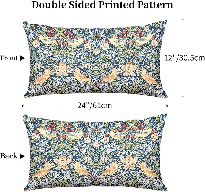 William Morris Pillow Protectors with Zipper Standard Size Red Strawberry Birds Print Pillow Covers Set of 2 Vintage Floral Botanical Pillow Cases Mid Century Modern Bed Pillow Covers 12"X24"