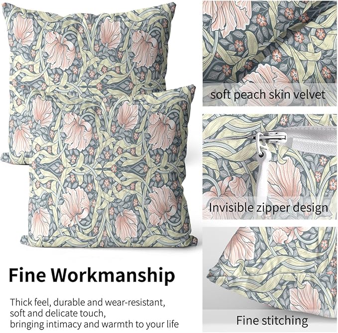 Pink Floral Pillow Protectors with Zipper Standard Size William Morris Flowers Print Pillow Covers Set of 2 Vintage Nature Botanical Pillow Cases Mid Century Modern Bed Pillow Covers 20"x36"