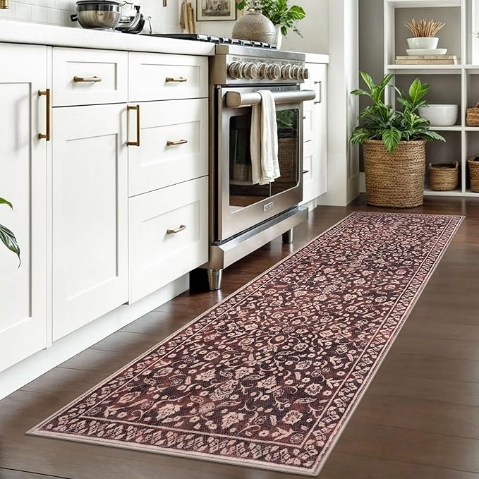 Vintage 2x7 Runner Rug, Burgundy Washable Runners for hallways, Super Soft Kitchen Runner Rug Non Slip, Print Faux Wool Floral Thin Carpet Runner for Entryway Indoor Bedside Runner