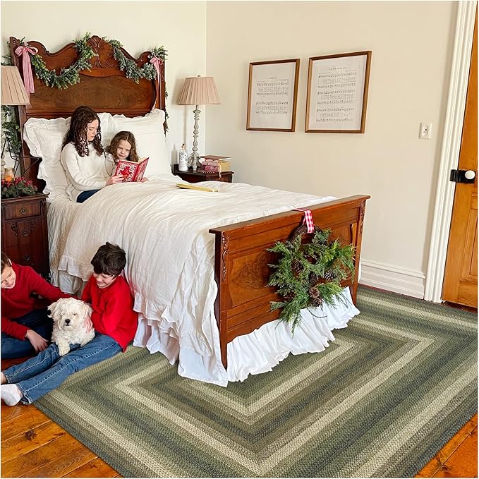 Homespice Pinecone Braided Area Rugs 6x9' – Rustic Jute Braided Green Rug for Bedroom, Living Room and Dining Area