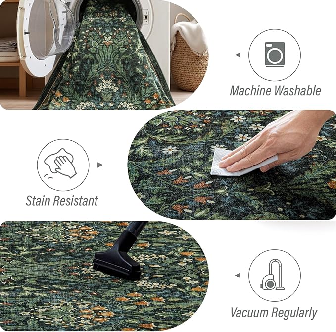 Woaboy Washable 8x10 Area Rug for Living Room Bedroom Dining Room Under Kitchen Table,Non-Slip Low Pile Stain Resistant Soft Large Carpet for Vintage Floral Oriental Home Decor Green Gold