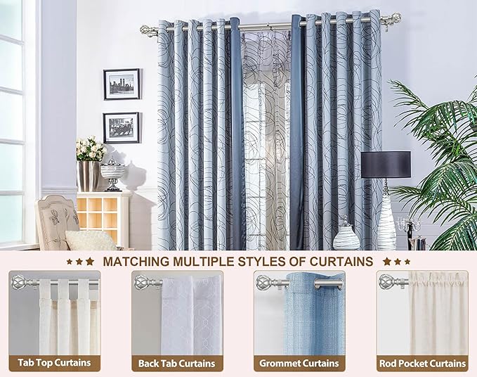 KAMANINA 1 Inch Double Curtain Rods 66 to 120 Inches (5.5-10 Feet) Telescoping Heavy Duty Drapery Rod for Windows 54 to 115, Netted Texture Finials, Antique Silver
