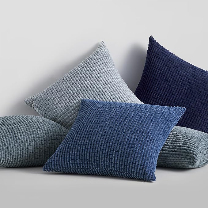 Topfinel Summer Throw Pillow Covers 20x20 Inch Set of 4,Blue Corduroy Decorative Cushion Cover,Modern Unique Pillow for Couch,Sofa,Living Room,Dark Blue Big European Pillow Shams