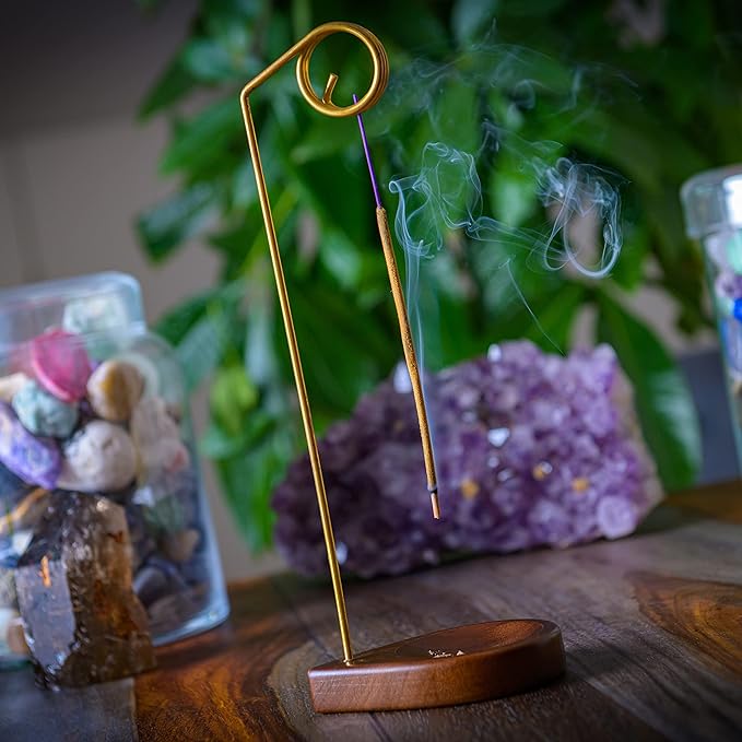 Curawood Incense Holder for Sticks - 11.4" Tall Reverse Style Incense Burner Holder with Mess Free Ash Catcher Tray - Modern & Minimalist Design Incense Sticks Holder with Brass & Walnut Wood Elements
