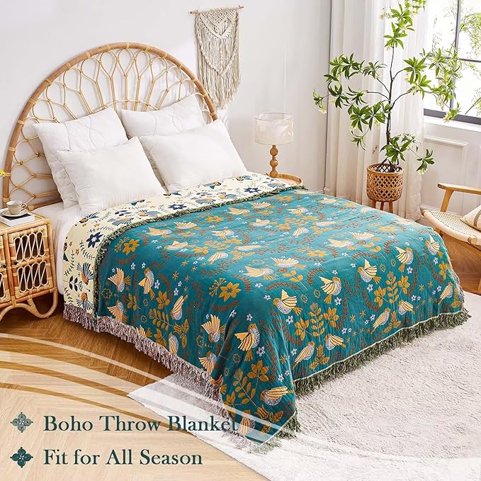 Boho Throw Blanket, 100% Cotton Ultra Soft Luxury Fall Throw Rustic Quilt, 50"x60" Floral Printed Farmhouse Decor Bed Summer Blankets, All Season Rustic Reversible Bohemian Throw for Bed