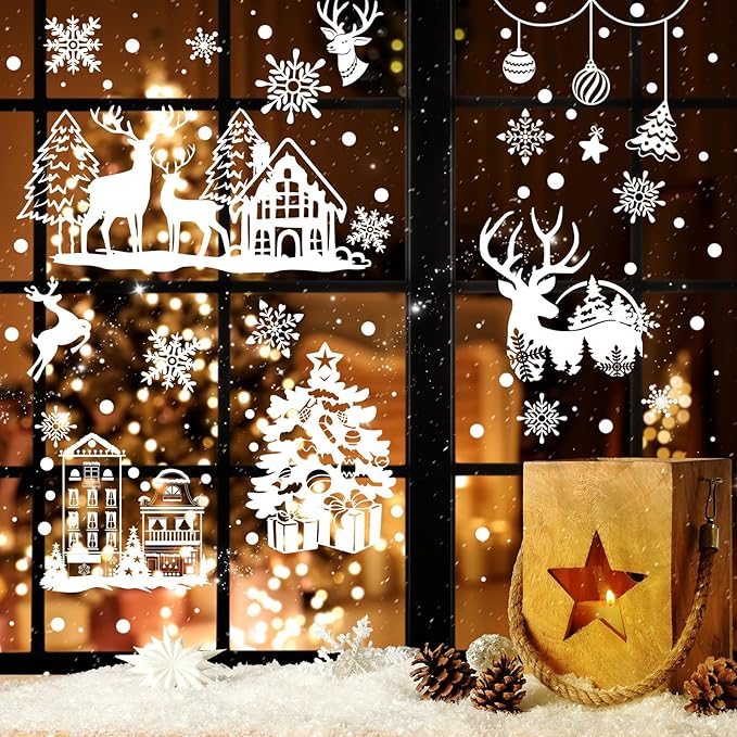9 Sheet Christmas Snowflake Window Clings Winter Wonderland Decal Stickers Let it Snow Reindeer Snowman Window Seasons Decals for Elk Snowball Holiday Home Kitchen Living Room,9 Sheets (Winter2)