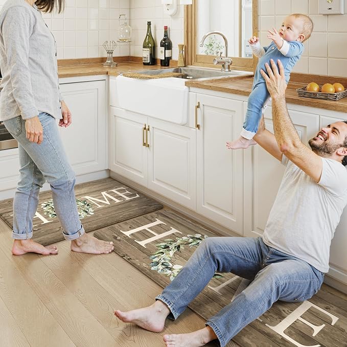 KIMODE Anti Fatigue Mats for Kitchen Floor,Farmhouse Rugs Sets of 2,Cushioned Carpet Non Slip for Laundry,Memory Foam Runner for Sink Office,Khaki 20"x47"+20"x32"