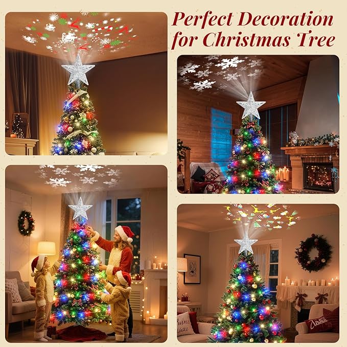 Christmas Tree Topper Lighted with 10M Colorful String Lights, Keten Silver Star Tree Toppers Decoration with 3D Rotating Pattern Projector, Tree Top for Indoor Outdoor Xmas Party Holiday (Silver)