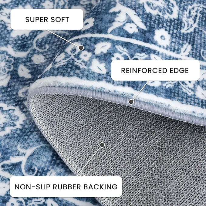 Blue and White Round Rug 5 Ft Rugs for Entryway Washable Circle Entrance Rug Non Slip Round Doormat Indoor Printed Faux Wool Round Front Door Mat Floor Carpet for Backdoor, Bedroom