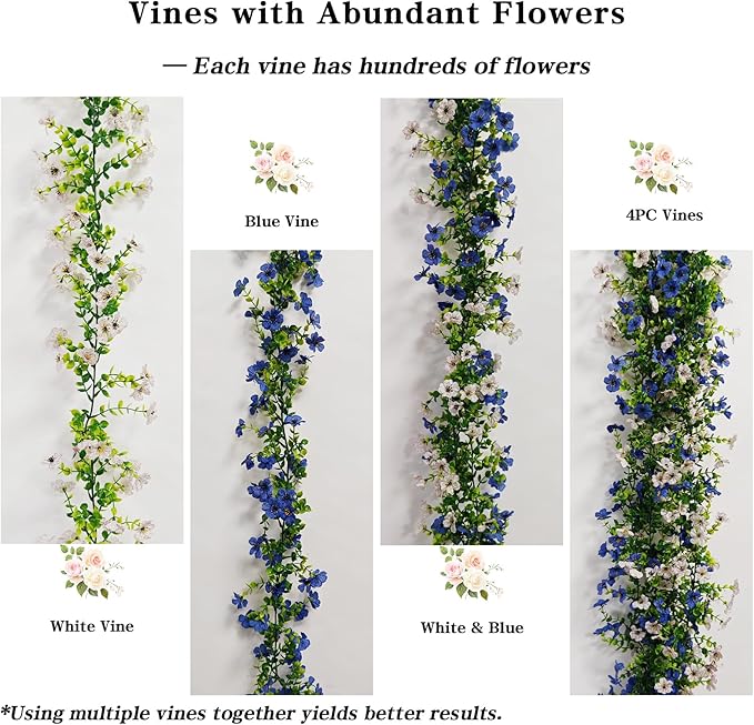 4 Pcs Faux Flowers Garland Plant, Artificial Vines Hanging Flowers Leaves Greenery Garland for Wedding Backdrop Arch Wall Decor, 6 Feet/pcs UV Resistant Indoor Outdoor