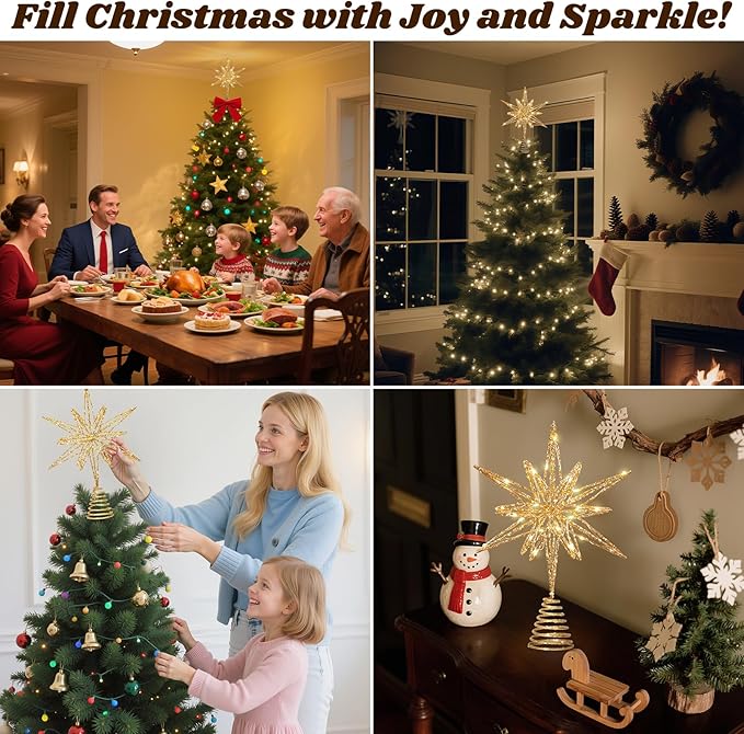 Lewondr Christmas Tree Topper, 13.78'' Metal Xmas 3D Geometric Tree Topper with 30 LED Bulbs, USB Remote Control Lighted Multi-Pointed Star Treetop, 6H Timer, 8 Modes Christmas Decor for Home, Gold