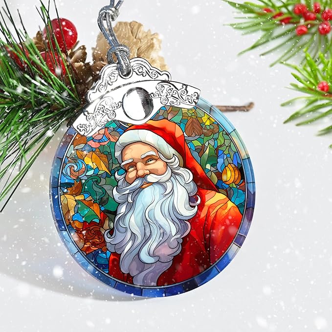 Santa Christmas Ornament, Jocidea Stained Glass Ornaments for Christmas Tree, Christmas Tree Decorations, Santa Gift, Holiday Decor and Xmas Gifts Ideas