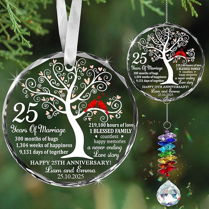 Personalized 25th Anniversary Crystal Ornament – Silver Wedding Gift for Couple, Parents – Custom Names, Date & Milestone Tree with Red Cardinals – 2025 Keepsake Ornament for Husband & Wife