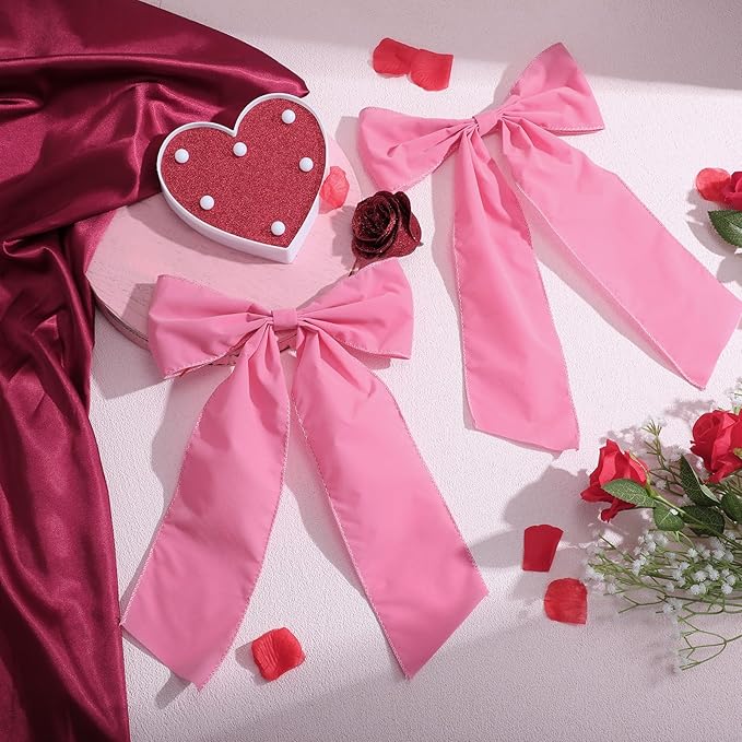 Riceshoot 2 Pcs 10 x 16 Inch Large Bows Valentine's Day Tree Decorations Velvet Ribbon Tree Topper Velvet Wreath Bows with Wired Edge for Valentines Home Fireplace Indoor Outdoor Decor (Pink)
