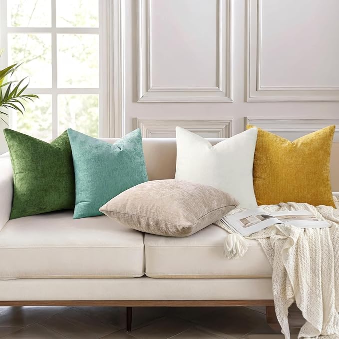 decorUhome Chenille Aqua Haze Throw Pillow Covers 18x18 Inch Set of 2, Decorative Soft Couch Pillow Covers Solid Dyed Accent Velvet Farmhouse Neutral Square Pillow Cases for Sofa Bed Living Room