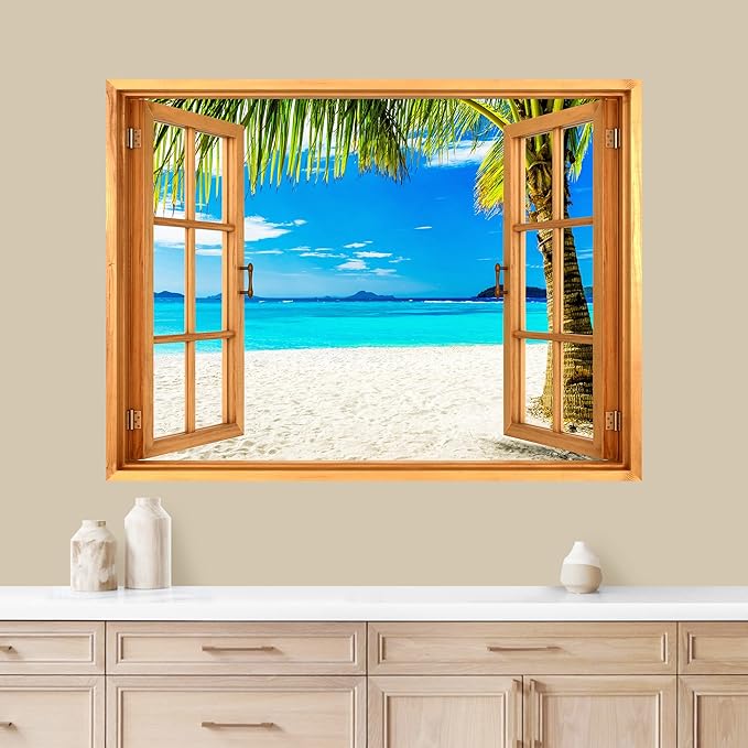 wall26 Removable Wall Sticker/Wall Mural Window View Tropical Palm Tree Beach Shore Paradise Wilderness Nature Photography Realism Rustic Landscape Colorful for Living Room, Bedroom, Office - 36"x48"