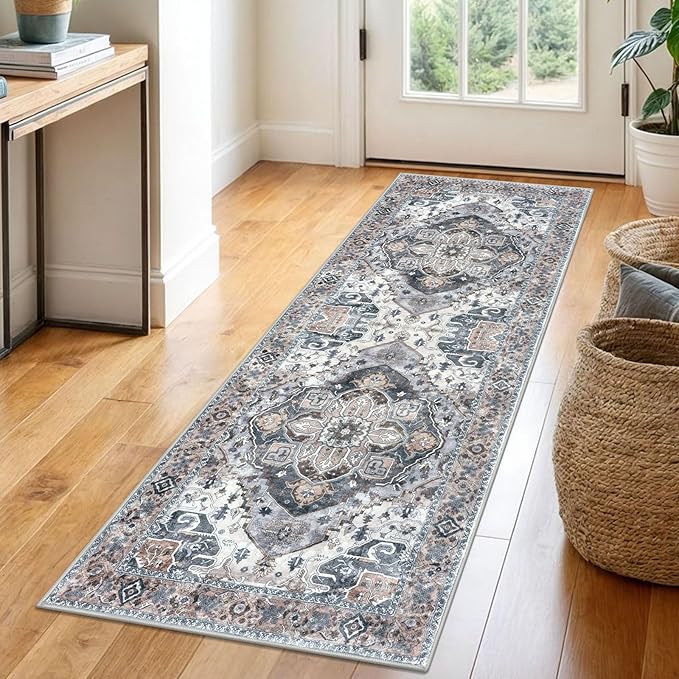 2x6 Washable Runner Rug for Hallways, Ash Taupe Soft Floor Vintage Kitchen Rugs with Non-Slip, Non-Shedding Boho Rug for Bedroom Kitchen Porch Laundry Entryway