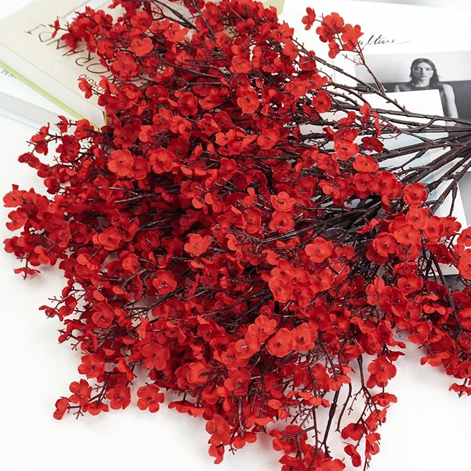 Uieke 6 Pcs Babys Breath Artificial Flowers Bulk Silk Red Faux Flowers Real Touch Gypsophila Bouquet for Christmas Halloween Home Wedding Decoration