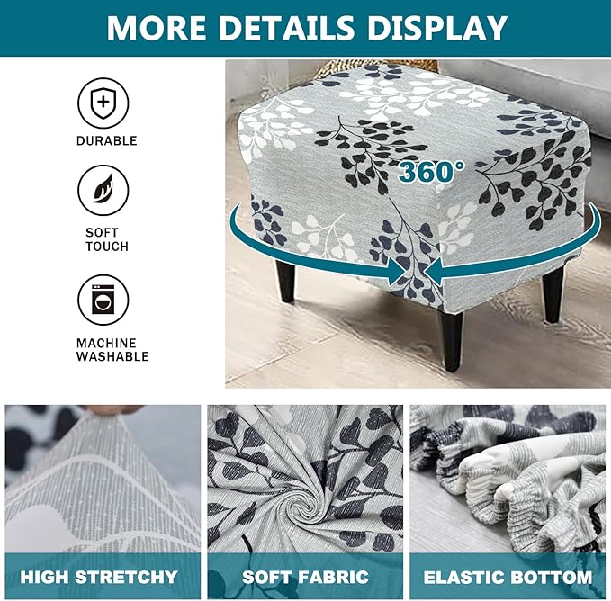 KRFOONN Stretch Ottoman Cover Slipcovers Rectangle Fit Length 27"-35" Footrest Stool Covers Printed Ottoman Cover for Foot Stool Furniture Protector with Non Slip Elastic Bottom, Color 01