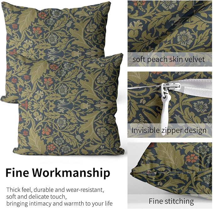 William Morris Pillow Protectors with Zipper Standard Size Vintage Floral Botanical Print Pillow Covers Set of 2 Dark Green Plant Leaf Pillowcases Mid Century Modern Bed Pillow Covers 20"x30"