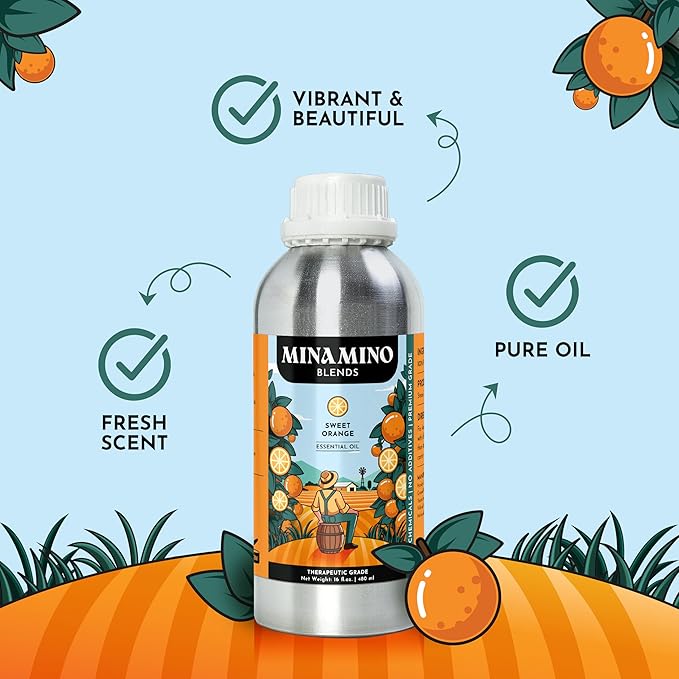 16 fl oz - Sweet Orange Essential Oil (100% Pure & Natural) Large Aluminum Bottle for Aromatherapy, Diffuser, Candle & Soap Making - Minamino Blends