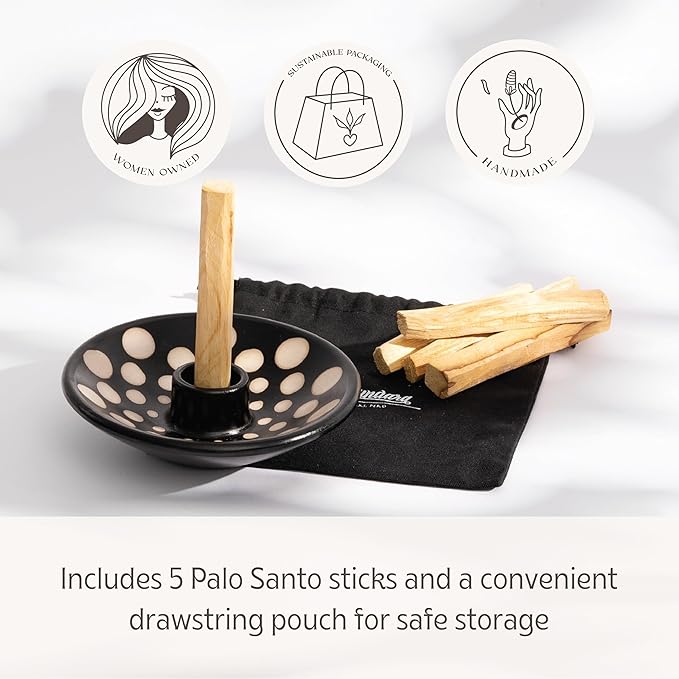Luna Sundara Authentic Peru Pottery Palo Santo Stick Holder and Incense Holder with 5 Palo Santo Sticks Handmade Ceramic Smudge Bowl Sage Holder Black and White Polka Gift Set