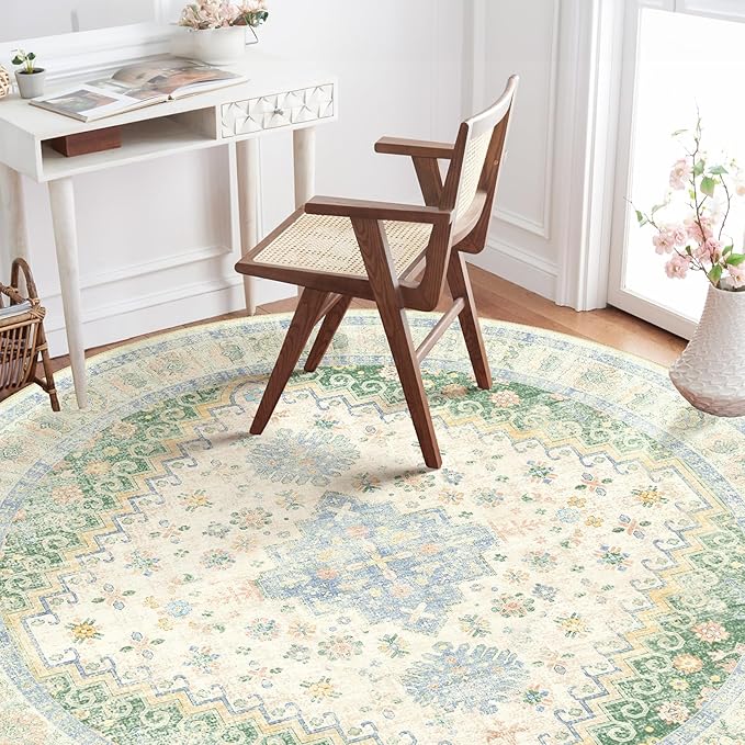 MUJOO Round Rugs 6ft,Circle Area Rug Washable,Circular Rugs for Living Room Dining Room,Large Boho Non Slip Throw Carpet Light Green and Blue