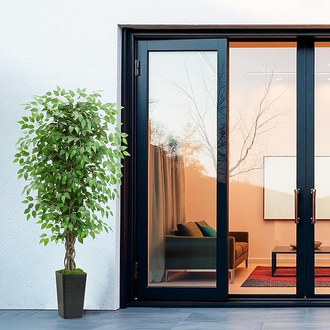Artificial Ficus Tree 5FT Faux Plants Indoor Tall Fake Plants with Black Square Planter, Green Lifelike Lush Fake Ficus Tree for Home Living Room Bedroom Outdoor Balcony House Office Decor