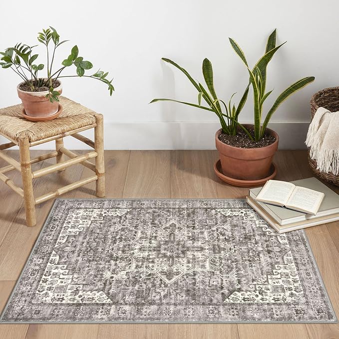 2x3 Washable Rugs for Entryway, Taupe Soft Traditional Printed Area Rug, Non-Slip Low-Pile Medallion Indoor Door Mat, Farmhouse Carpet for Entrance Kitchen Foyer Bedside