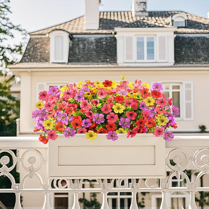 Artificial Fake Flowers Plants for Outdoors Spring Decor, 12 Bundles Colorful Faux Silk Flowers Daisy Eucalyptus Plants UV Resisitant for Outside Planter Pots Front Porch Garden Patio