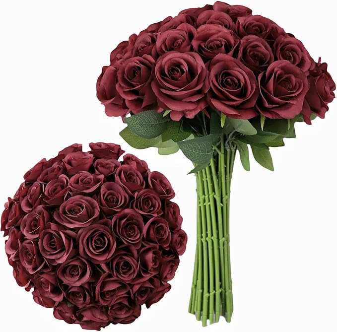 Artificial Rose Flower Artificial Flowers Flower with Long Stem Silk Roses Bouquet for Wedding Bridal Shower Party Home Decoration (Burgundy, 30 Pcs)
