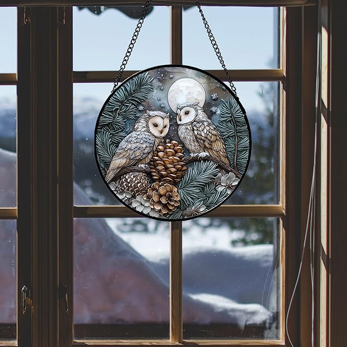 Stained Glass Window Hanging - Owl On A Tree Suncatcher for Doors Garden Patio Winter Scene Sun Catchers Decor Christmas Mother's Day Birthday Gifts for Women Men Mom Nana Friend 15 in