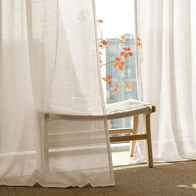 Beige Linen Blend Back Tab Kitchen Curtains 45 Inch Length 2 Panel Set Semi Sheer Light Filtering Short Window Privacy Panels for Living Room Bathroom Cafe Modern Farmhosue Decor 37x45