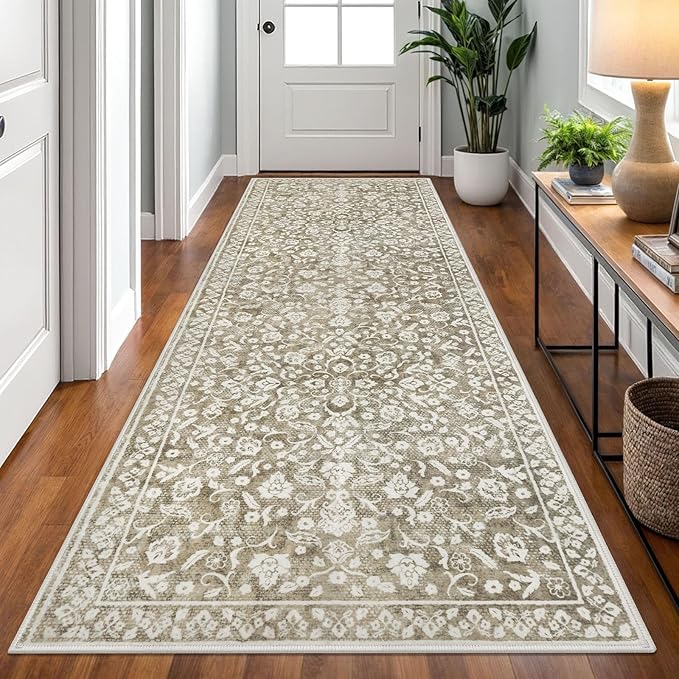 Vintage 3x8 Hallway Rug, Beige Taupe Washable Hallway Runner Rug Non Slip, Super Soft Kitchen Runner Rug, Print Faux Wool Floral Thin Carpet Runner for Entryway Indoor Laundry Room Bedroom