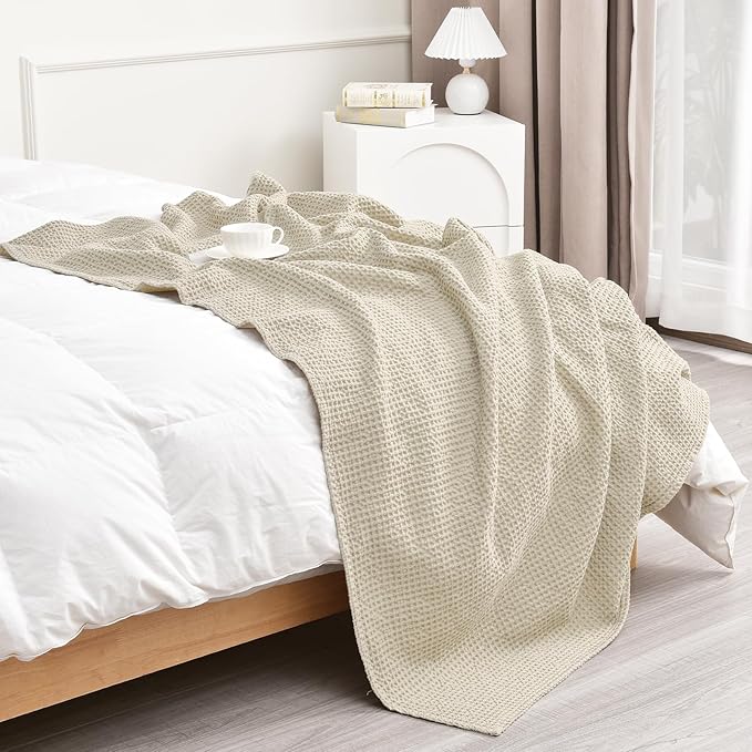 PHF 100% Cotton Waffle Weave Throw Blanket，Pre-Washed Snag Proof Lightweight Breathable Moisture-Wicking for Layering in Cold Weather for Couch Bed,Machine Washable,Home Decor Gift-Linen/Stone