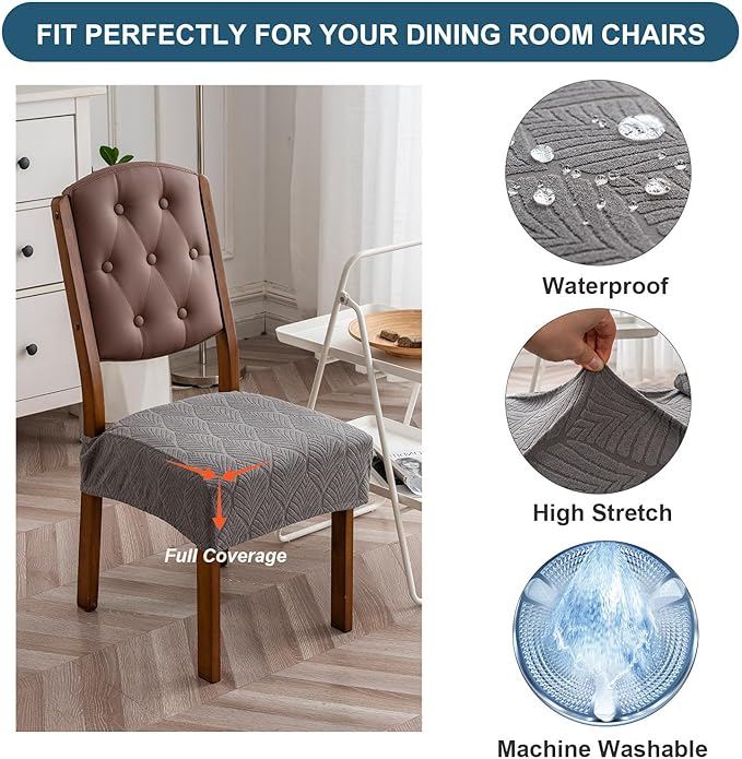 Removable Washable Dining Chair Seat Covers Set of 4,Stretch Jacquard Chair Seat Cushion Protector Slipcovers, Rear Covers