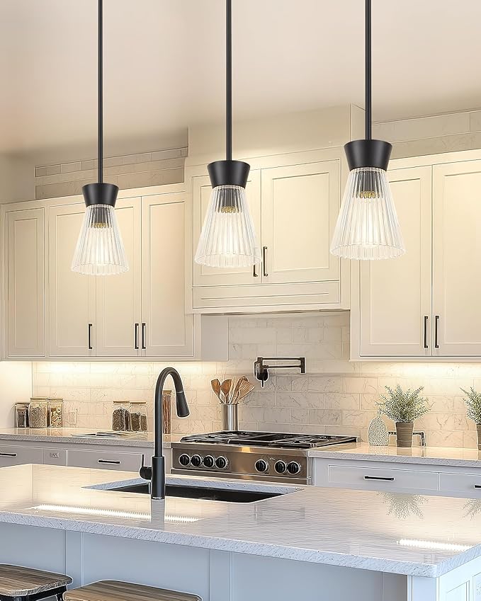 Pendant Lights Kitchen Island, HWH Hanging Light Fixture Set of 2, 5.6 Inch Pendant Light Fixtures Ceiling with Clear Striped Glass, Matte Black Finish, 5HZG107MIL-2PK BK