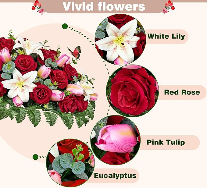 Artificial Cemetery Flowers – Realistic Silk Flower Outdoor Grave Decorations,Headstone Flower Saddle, Non-Bleed Colors, and Easy Fit - Pink Tulip,White Lily and Red Rose
