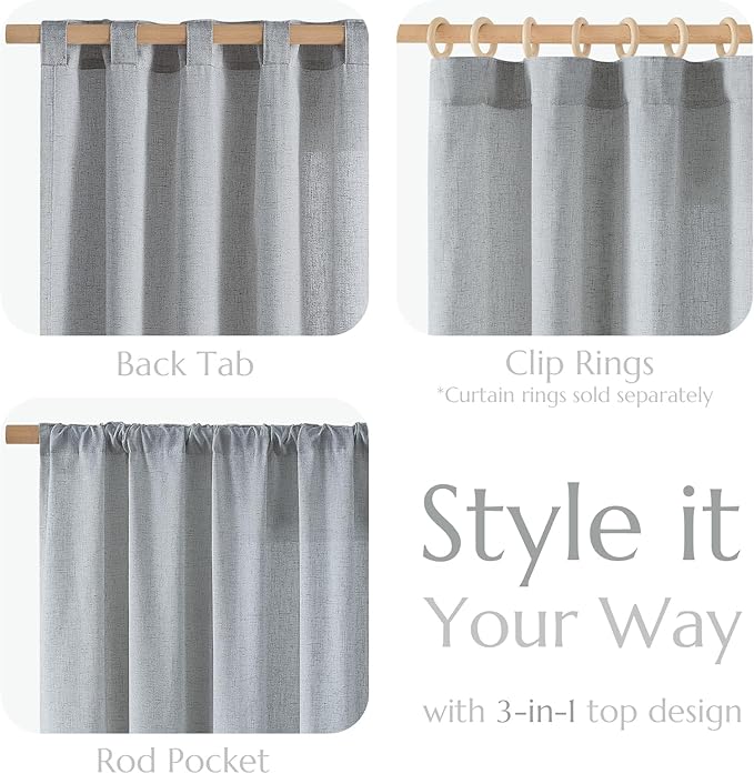 jinchan Grey Linen Blend Curtains 63 inch Length 2 Panels for Bedroom Living Room, Semi Sheer 50 inch Wide Farmhouse Cottage Core Style Drapes with Rod Pocket Back Tab(50W x 63L, Grey)