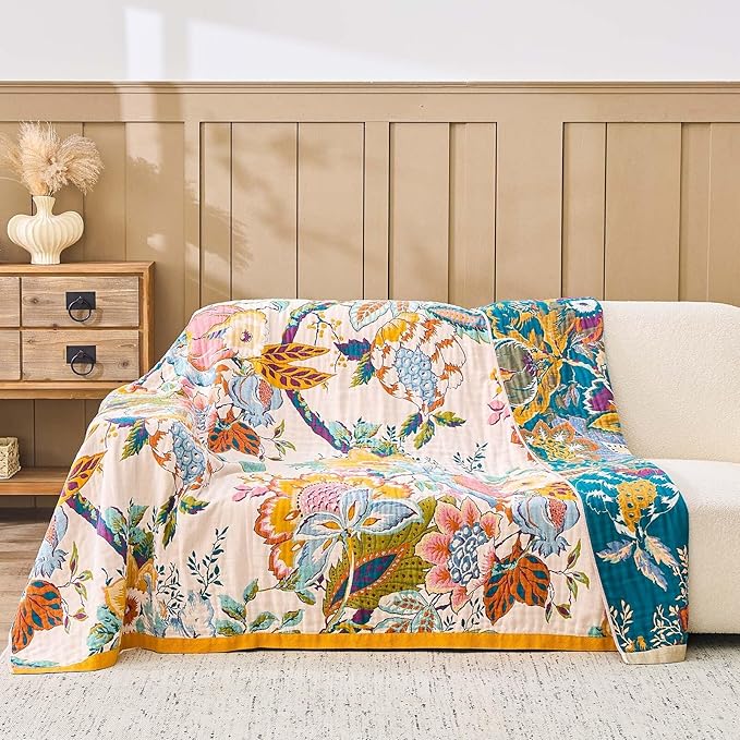 Farmhouse Throw Blanket, 80"x 90" Boho Throw Blankets for Couch Cover, 100% Cotton Bohemian Vintage Quilt for All Seasons Reversible Florals Lightweight Picnic Blankets Home Decoration