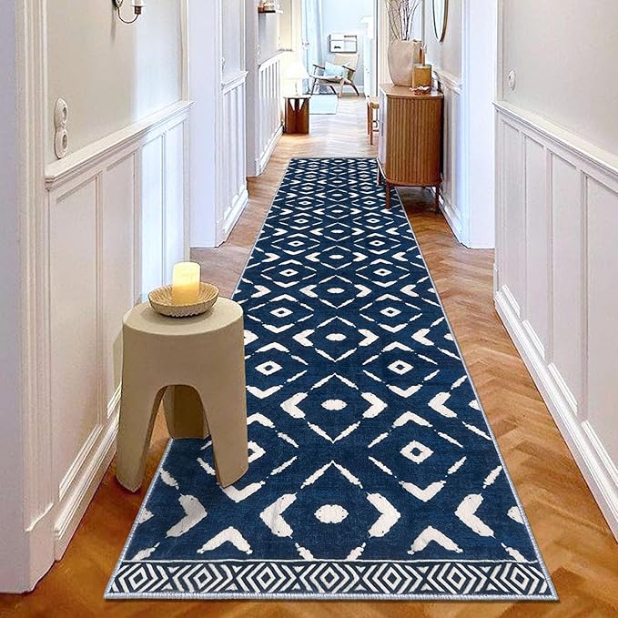 KILOCOCO Hallway Runner Rug 2.6'x12' Runners for Hallways Washable Runner Soft Non Slip Printed Geometric Low-Pile Rugs Runners for Bedroom Kitchen Living Room Boho Rugs, Blue