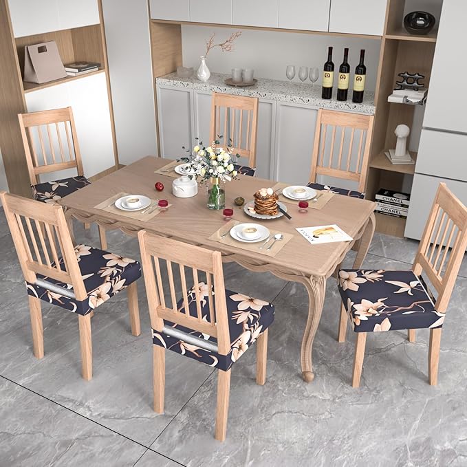 Stretch Dining Chair Seat Covers Set of 6,Dining Chair Slipcovers, Floral Printed Chair Covers,Soft Fabric Washable Upholstered Chair Seat Protector, No Rear Covers for Home Kitchen Dining Room