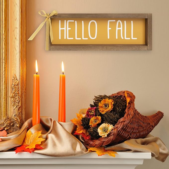 Hello Fall Sign, Wooden Fall Decorations for Home, Indoor Autumn Centerpieces for Tables Wall Shelf Desk Mantle Farmhouse House Decor