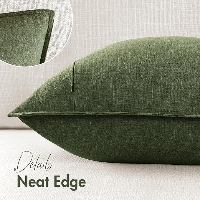 Woaboy 18x18 Inch Set of 2 Decorative Linen Solid Throw Pillow Covers Boho Accent Farmhouse Christmas Pillowcases Modern Netural Home Decor for Couch Sofa Living Room Bed,Dark Olive Green