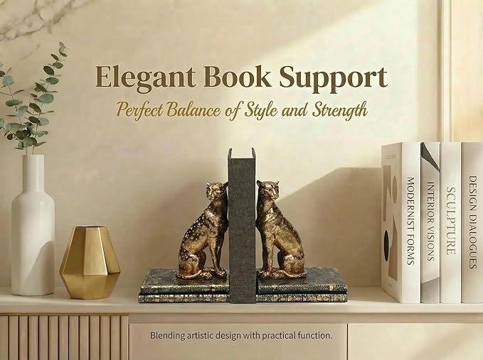 Comfy Hour Gold Cheetah Decorative Bookends, Unique Leopard Wildlife Art Book Ends for Shelves, Heavy Duty Resin Animal Statues for Books, 1 Pair